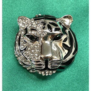 NWOT Tiger Head Brooch Pin Enamel Silver Toned Rhinestone Green Eyes